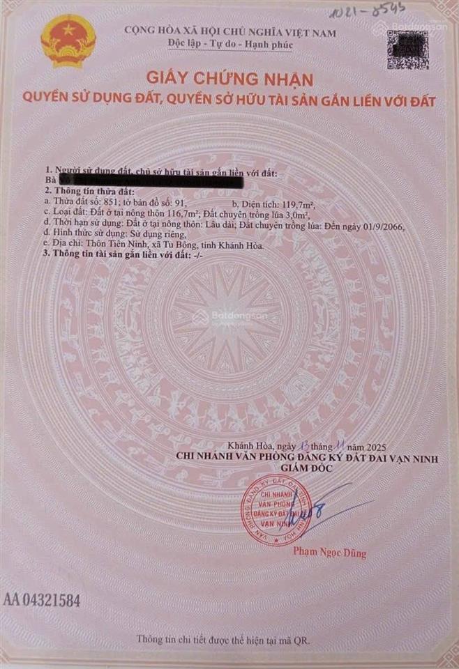 Bán đất tiên ninh, tu bông, khánh hòa giá chỉ 16tr/m2
