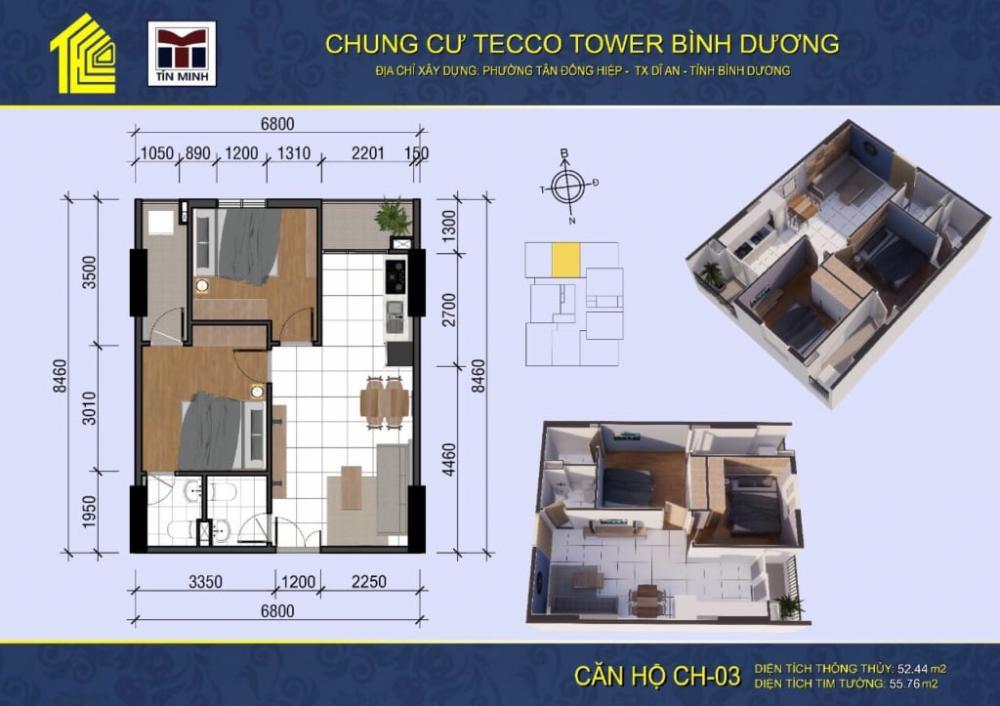Bán căn hộ tecco tower bình dương, giá siêu hời 1,450 tỷ, 54.4m2, 2pn, 2wc ngay vsip 1 bưu điện tđh