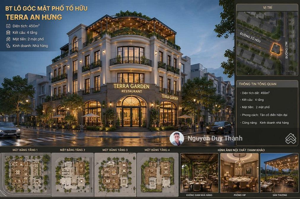 Bán bt mp tố hữu, kđt terra an hưng, hà đông, 450m2, 4tầng,mt25m, lô góc 4thoáng, vie sông.330tr/m2