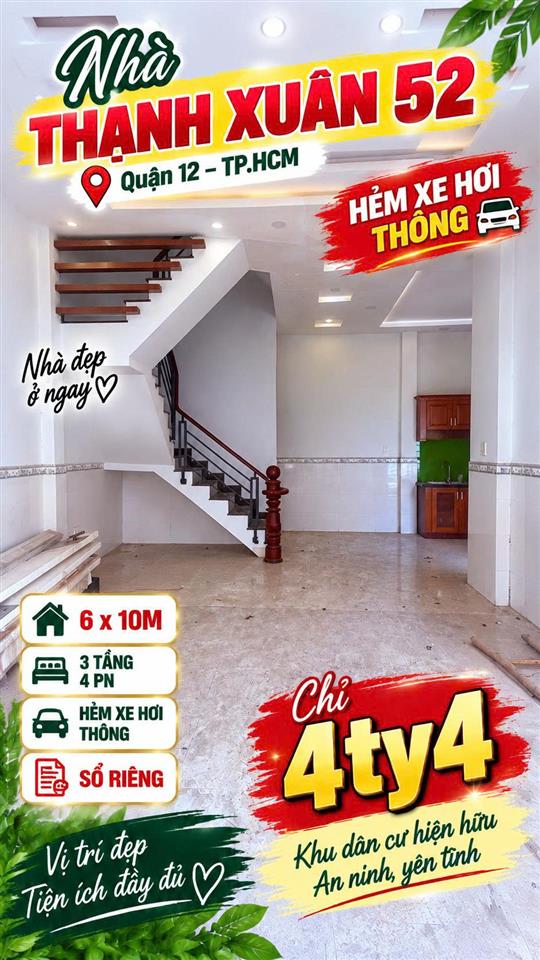 Bán nhà 3 tầng 60m2 (6x10m) 4PN Hà Huy Giáp TX52 Q12 HXH thông chỉ 4.4tỷ