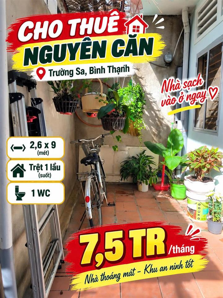 Cho thuê nhà nguyên căn Trường Sa, Bình Thạnh  7.5tr