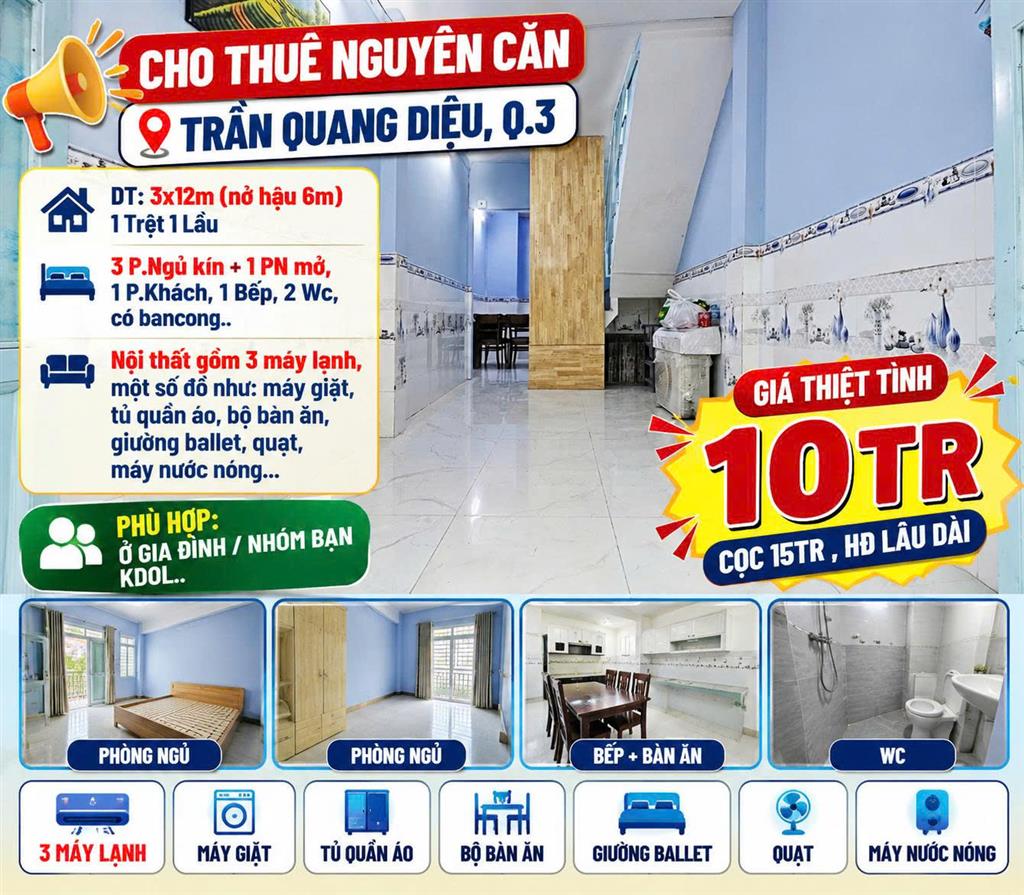 Cho thuê nhà nguyên căn Trần Quang Diệu, Q3 , 4PN chỉ 10tr