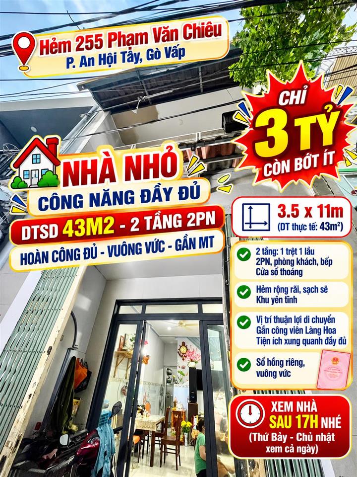 Bán nhà 2 tầng hẻm 255 Phạm Văn Chiêu, Gò Vấp -43m2 chỉ 3ty bớt lộc