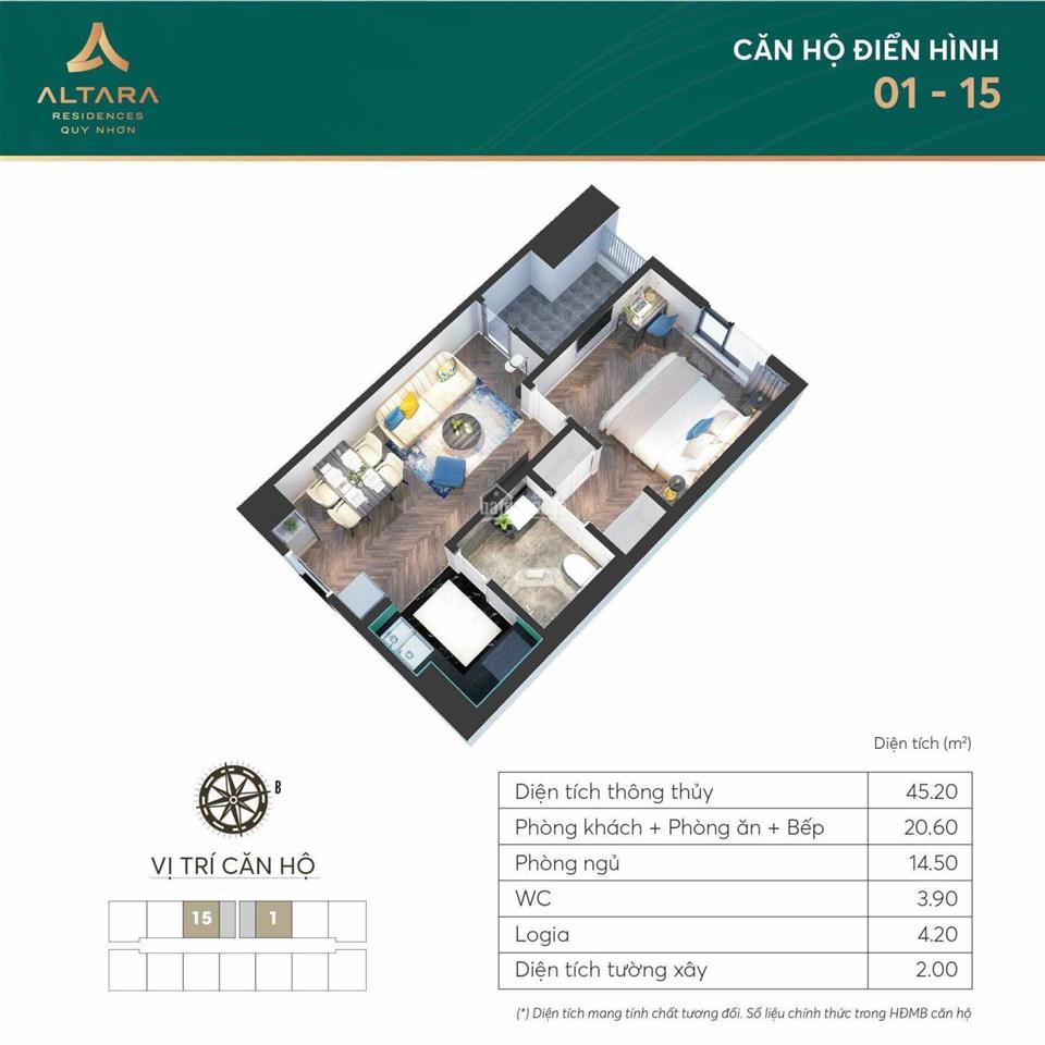 Cần bán căn 01 phòng ngủ (căn số 15 tầng đẹp)  45m2 tại dự án altara quy nhơn