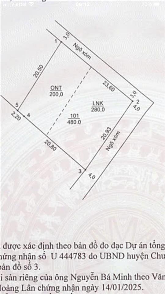 Bán đất tại thượng vực chướng mỹ , 20 triệu / m2, 480 m2, lô góc chìa được 5 lô .