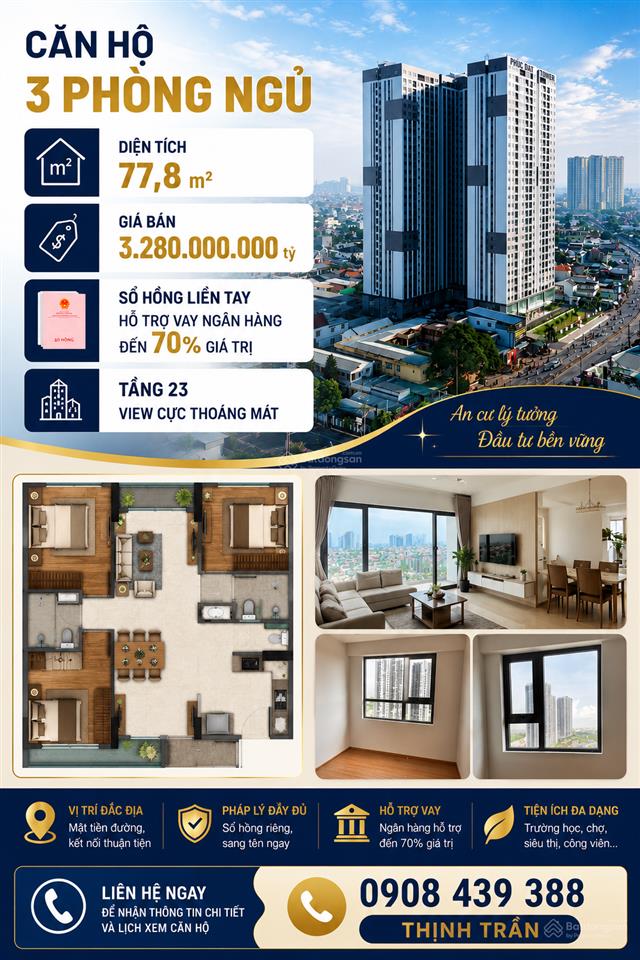 Bán căn hộ phúc đạt tower, 3,28 tỷ, 78m2, 3pn, 2wc, đông nam