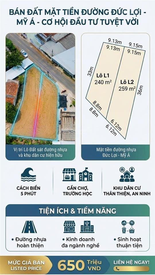 Bán đất gấp tại mỹ á. diện tích 240m2, ngang 8.8m, đường nhựa. phù hợp kinh doanh, đầu tư. giá tốt
