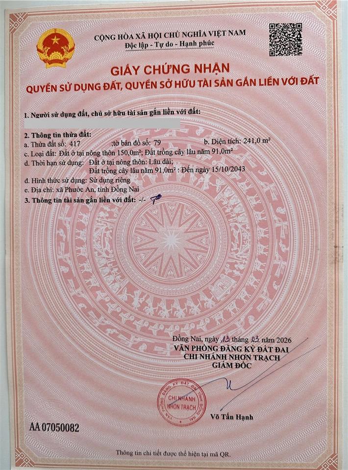 Lô đất đẹp giá rẻ còn sót lại ở xã phước an, thích hợp xây nhà vườn hoặc dãy trọ