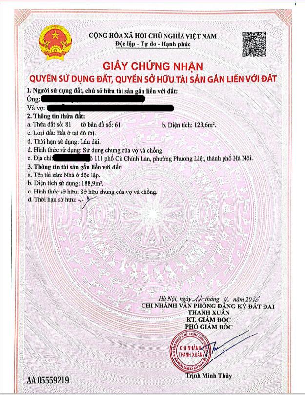 Chính chủ bán nhà phân lô mặt ngõ 111 cù chính lan, ngõ thông, ô tô tránh, 5,60m x 22m, sẵn sổ đỏ