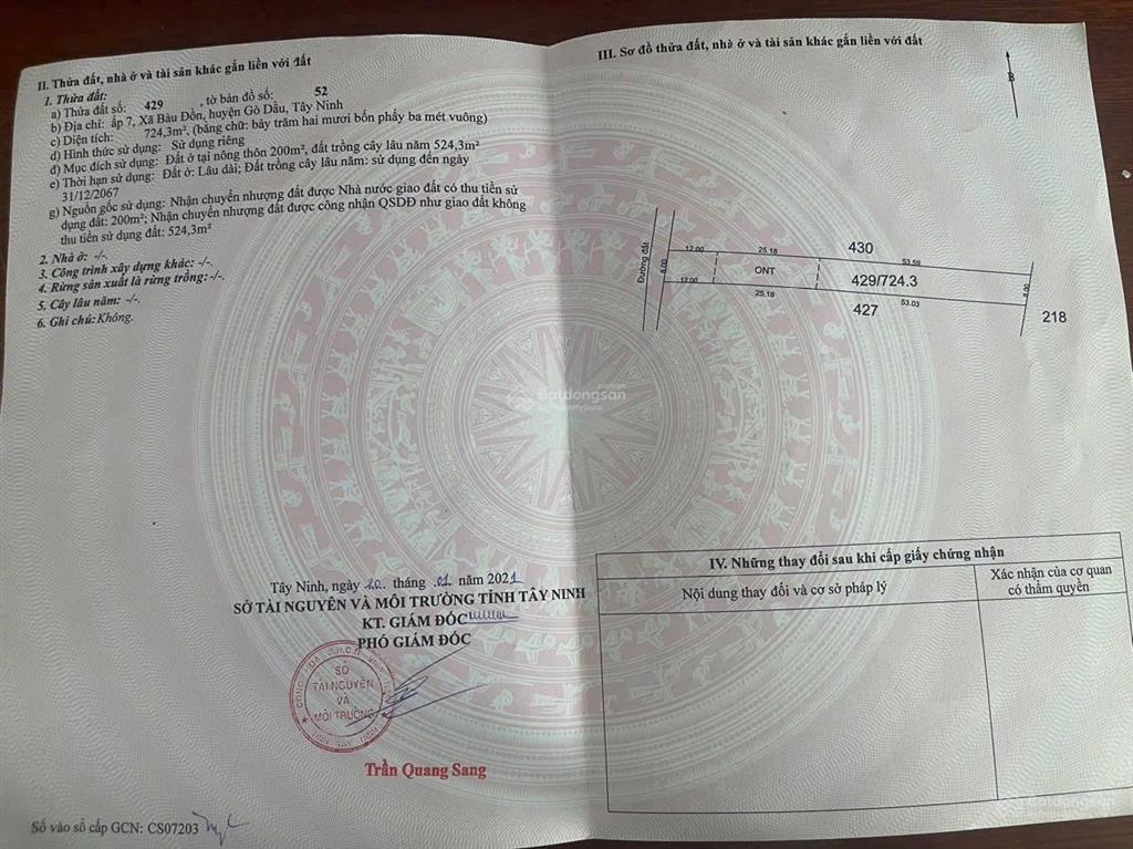 Bán đất tại đt 782, bàu đồn, gò dầu, tây ninh 1,15 tỷ, 724m2