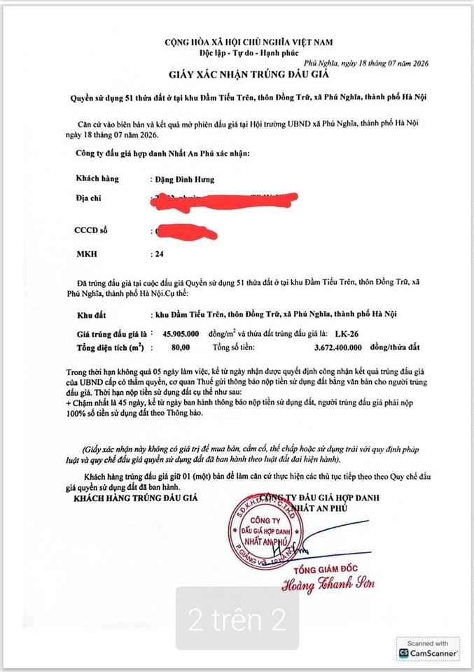 Chính chủ trúng lô đất đấu giá lk26 ngay khu công nghiệp phú nghĩa, chương mỹ, hà nội 18/7/2026