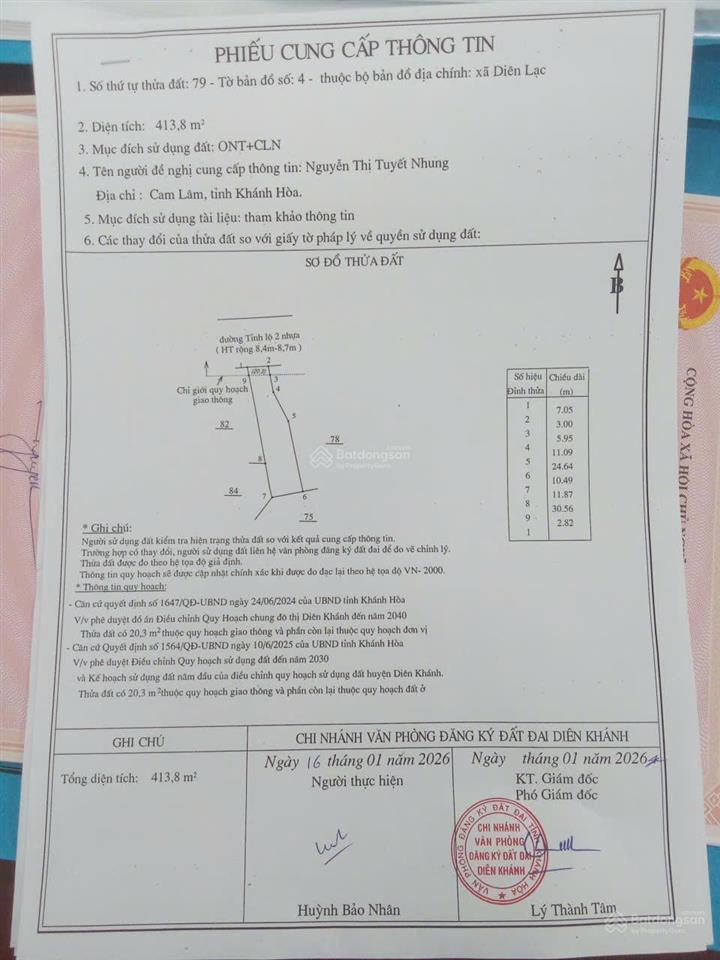 Lô đất 413,8m2 đẹp giá cực kỳ tốt ngay mặt tiền tỉnh lộ 2 diên lạc, diên khánh