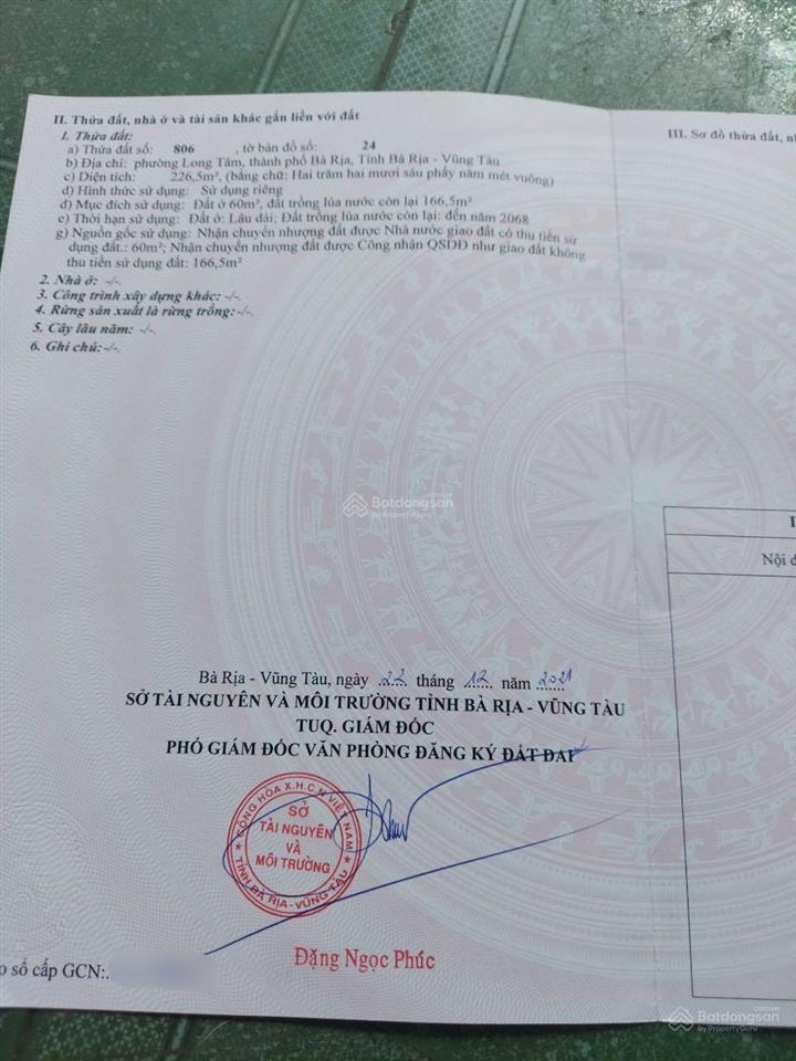 Bán gấp lô đất góc 2 mặt tiền đường võ thị sáu, phường long tâm, tp bà rịa