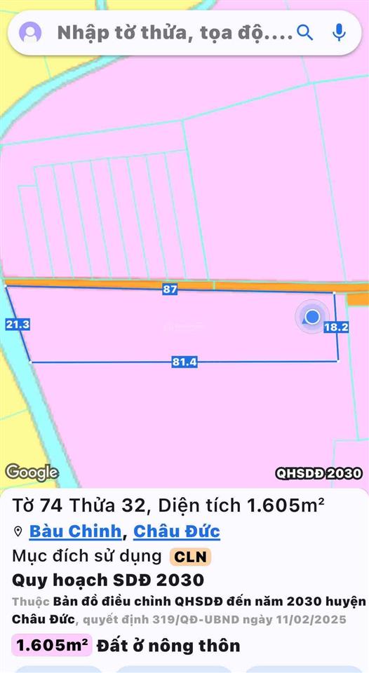 Bán đất tại xã bàu chinh, 3,5 tỷ, 1605 m2, mặt tiền 87m, ngõ 5m, pháp lý đầy đủ
