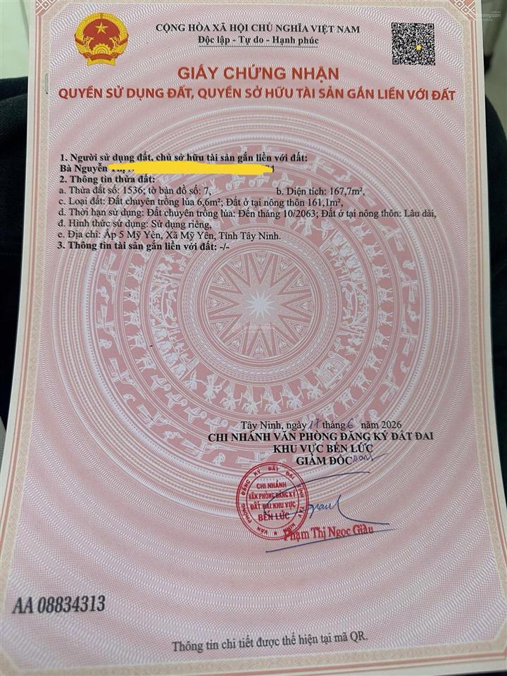 Bán nhanh nền thổ cư 167.7m hẻm cách 830d xe công 100m