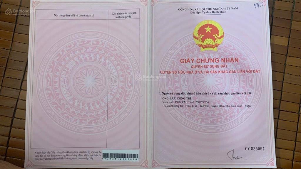 Chính chủ cần bán gấp lô đất mt đường bê tông gần quốc lộ 1a xã tân đức, hàm tân, bình thuận