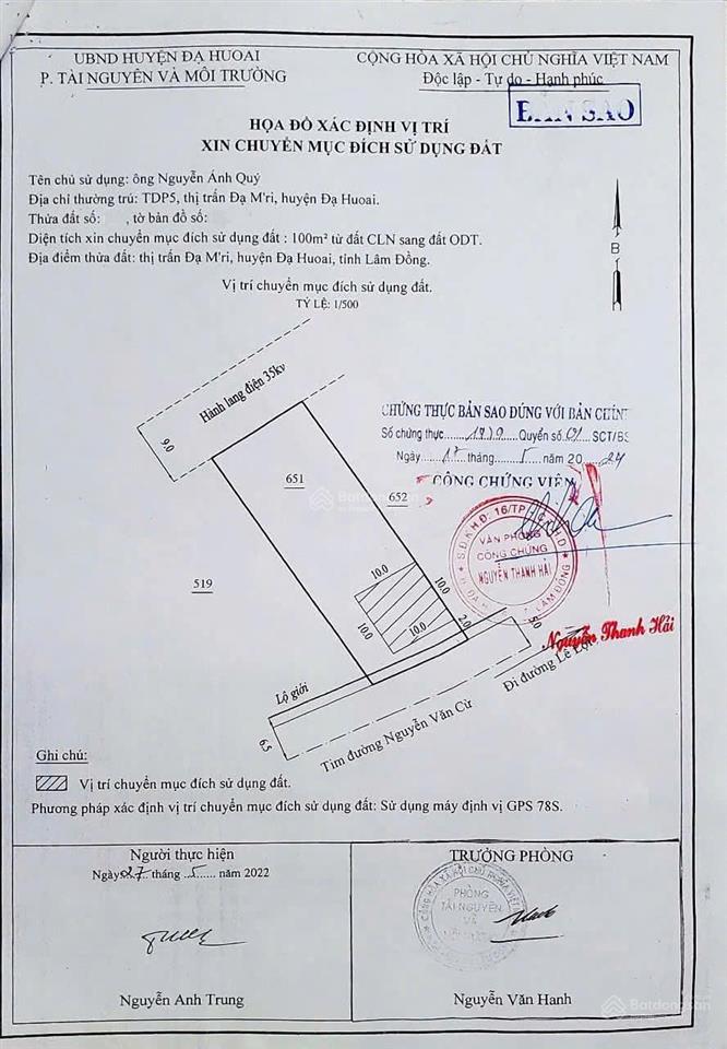 Chính chủ cần bán gấp lô đất mt đường nguyễn văn cừ, thị trấn đạ m'ri, đạ huoai, lâm đồng
