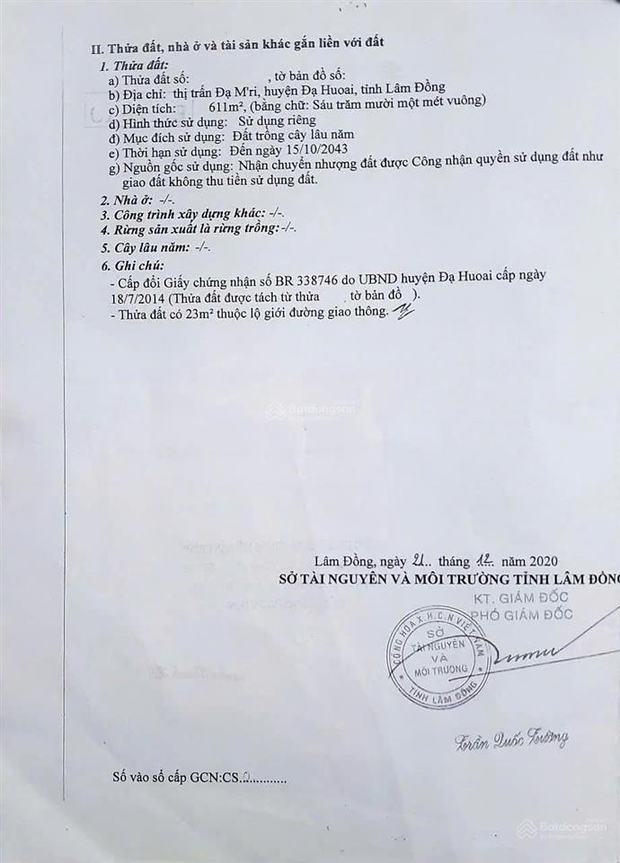 Chính chủ cần bán gấp lô đất mt đường nguyễn văn cừ, thị trấn đạ m'ri, đạ huoai, lâm đồng