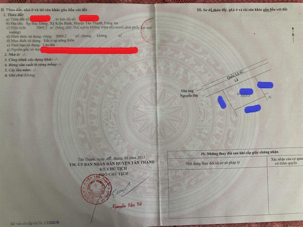 Chính chủ cần bán gấp lô đất mt quốc lộ 62 xã kiến bình, tân thạnh, long an