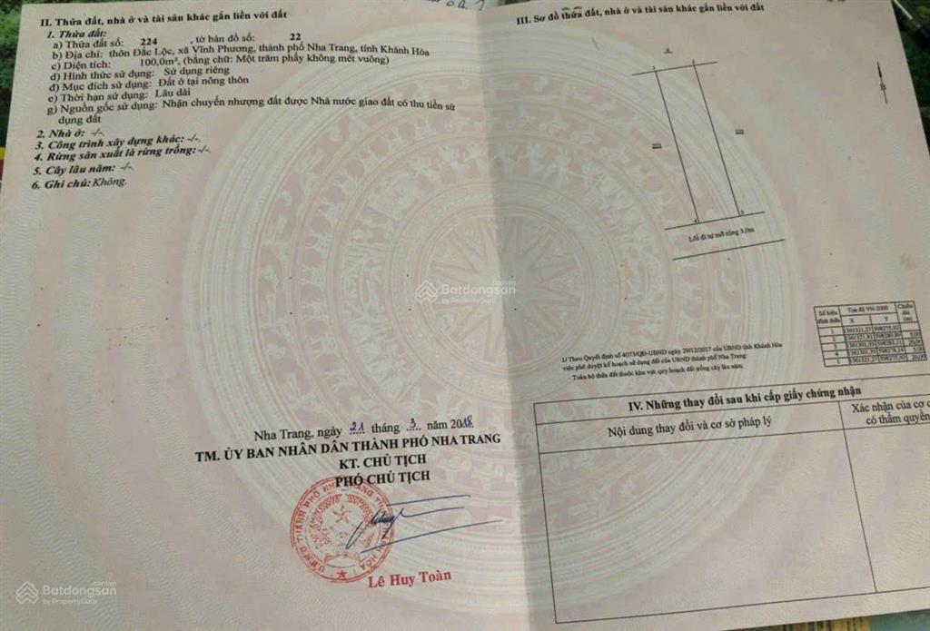 Chính chủ cần bán gấp lô đất giá đầu tư ngay xã vĩnh phương, tp, nha trang, khánh hòa