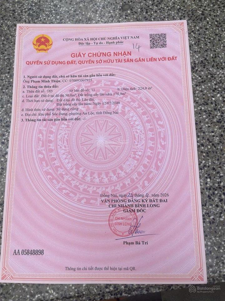 Chính chủ cần bán lô đất mt đường nhựa giá công nhân ngay xã thanh phú, tx. bình long, bình phước