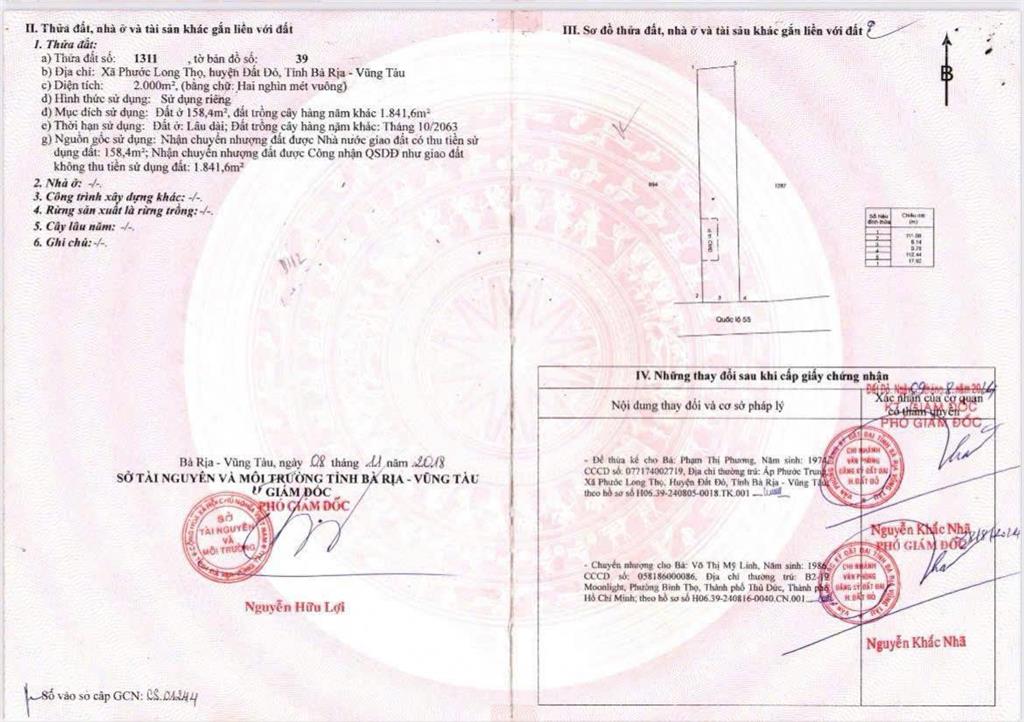 Chính chủ cần bán gấp lô đất vị trí đẹp mt quốc lộ 55, xã phước long thọ, đất đỏ, brvt