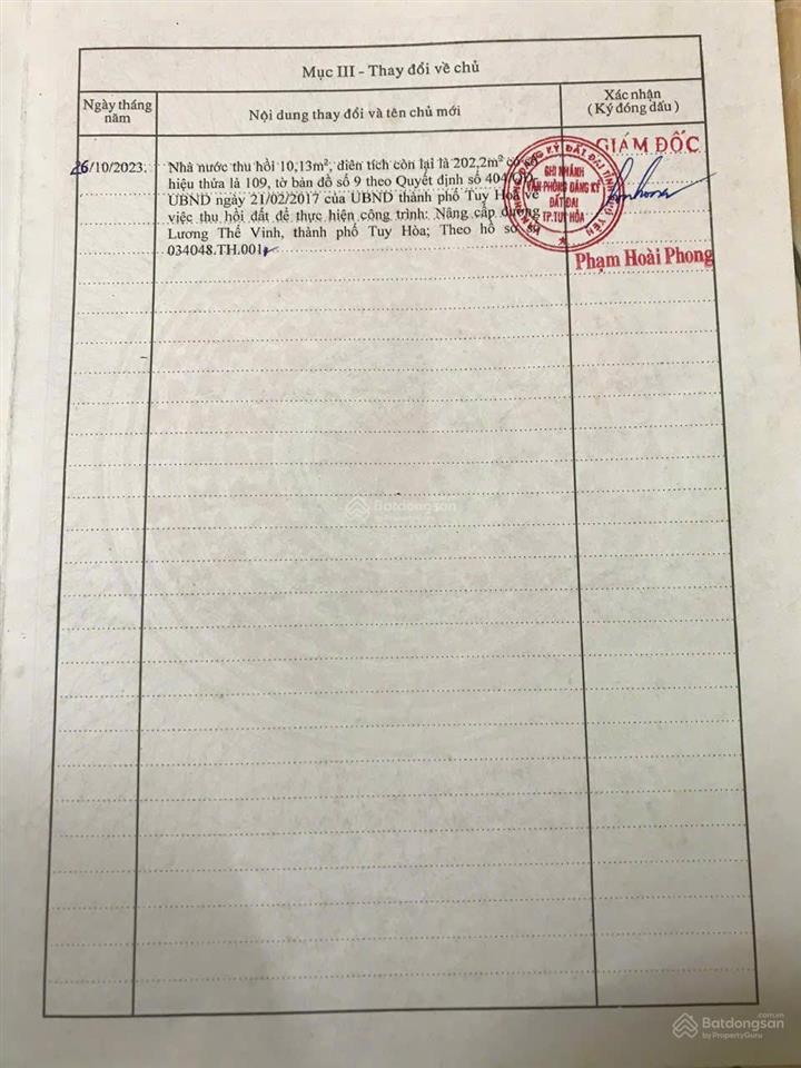 Chính chủ cần bán lô đất mt đường lương thế vinh, phường 8, tp. tuy hòa, phú yên