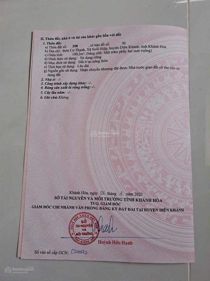 Chính chủ cần bán gấp lô đất giá đầu tư ngay xã suối hiệp, diên khánh, khánh hòa