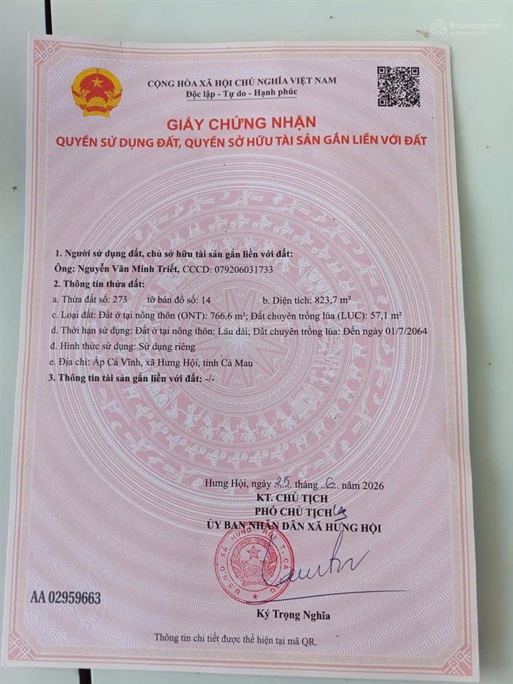 Chính chủ cần bán gấp lô đất giá đầu tư ngay xã hưng hội, vĩnh lợi, bạc liêu
