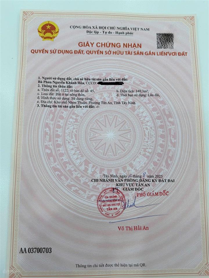 Chính chủ cần bán gấp lô đất mt đường lên văn yên, xã nhơn thạnh trung, tp. tân an, long an