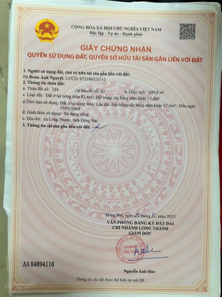 Chính chủ cần bán gấp lô đất ngay xã long phước, long thành, đồng nai