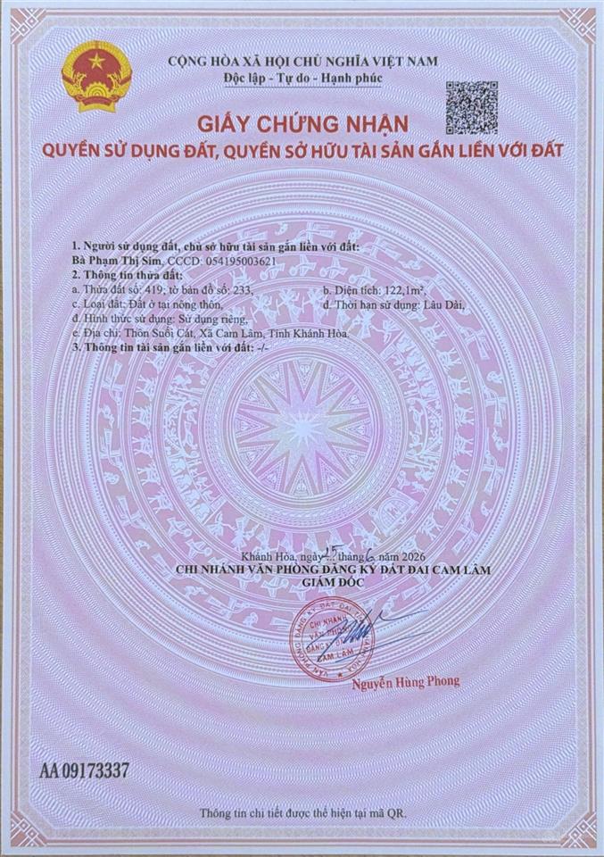 Chính chủ cần bán gấp lô đất ngay tt bàn cờ cam hiệp nam, cam lâm, khánh hòa