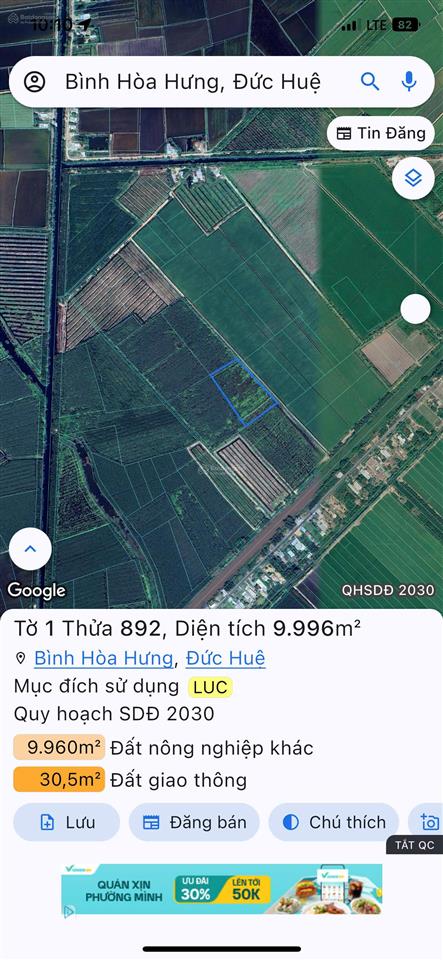 Chính chủ cần bán gấp lô đất rộng giá đầu tư ngay xã bình hòa hưng, đức huệ, long an