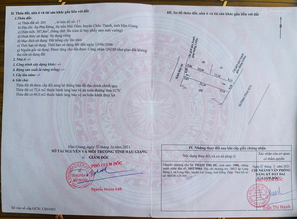 Chính chủ cần bán lô đất mặt tiền đường tỉnh lộ 927c, thị trấn mái dầm, châu thành, hậu giang