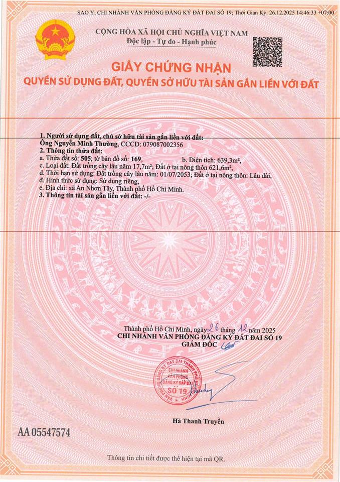 Bán đất tại đường phú thuận, xã an nhơn tây, củ chi, 5,5 tỷ, 639m2, mặt tiền 9,5m, pháp lý đầy đủ