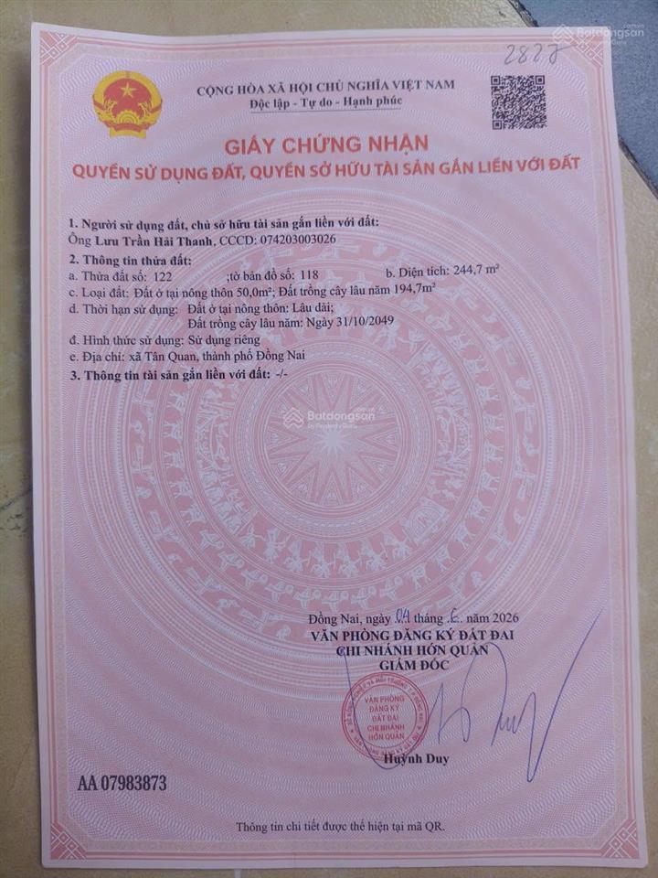 Bán gấp đất đẹp ngay tại xã tân quan, huyện hớn quản, bình phước, 1,08 tỷ, 244 m2