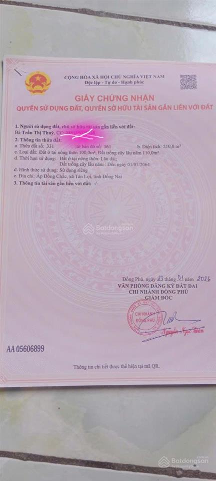 Chính chủ cần bán gấp lô đất giá đầu tư ngay xã tân lợi, đồng phú, bình phước
