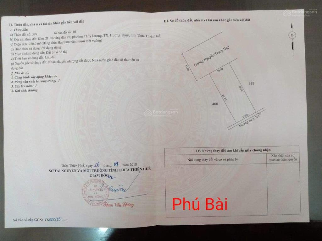 Chính chủ cần bán lô đất mt đường nguyễn trọng hợp, phường thủy lương, tx. hương thủy, huế