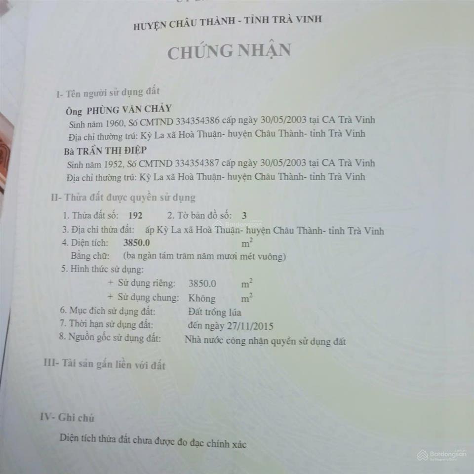 Bán đất tại chung cư kỳ la, xã hòa thuận, châu thành, trà vinh giá 6 tỷ vnd, 4000 m2