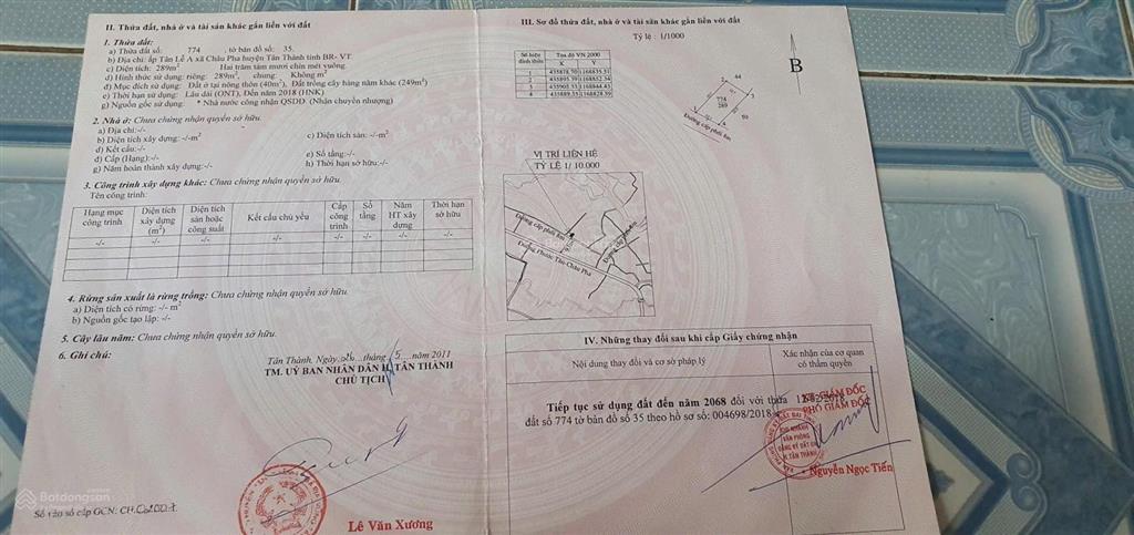 Bán đất 289m2 tại xã châu pha, thành phố phú mỹ, 1,55 tỷ vnd, mặt tiền 12m, ngõ rộng 8m