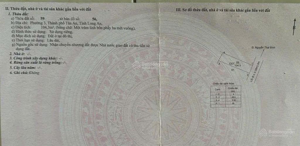 Chính chủ cần bán lô đất ngay đường nguyễn thái bình, tp. tân an, long an
