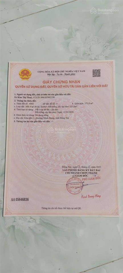 Chính chủ cần bán gấp lô đất ngay xã minh hưng, chơn thành, bình phước