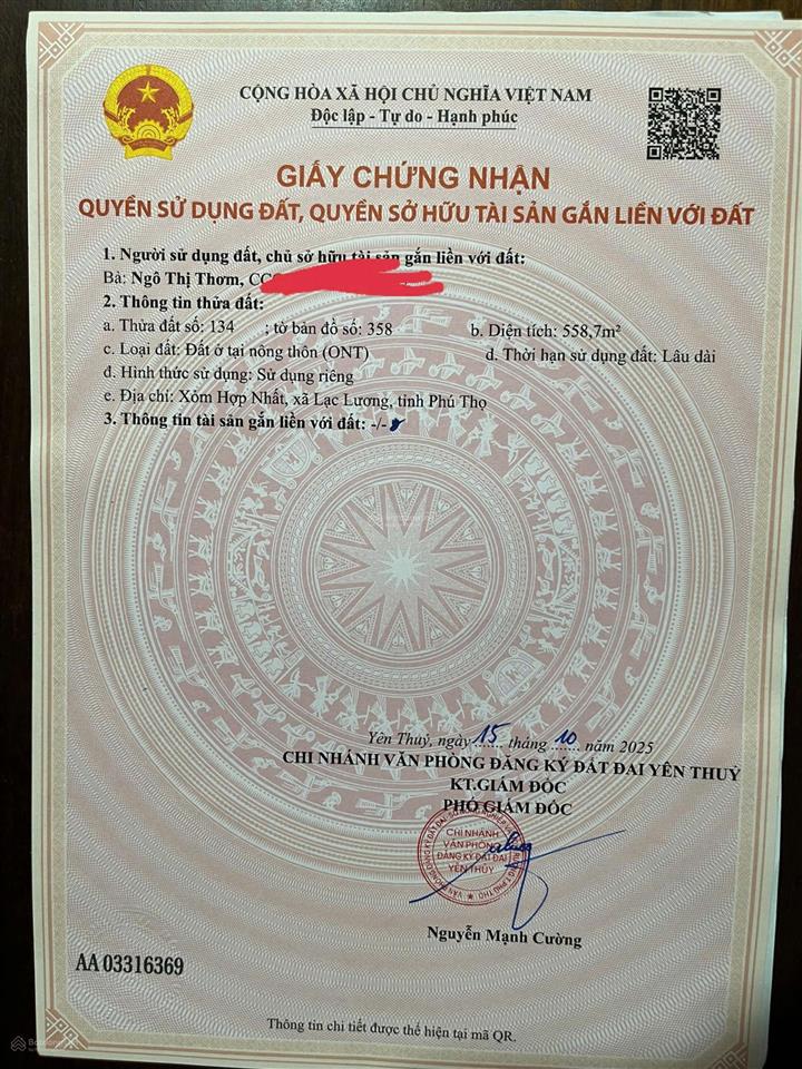Chính chủ cần bán gấp lô đất full thổ cư ngay xã lạc lương, huyện yên thủy, hòa bình