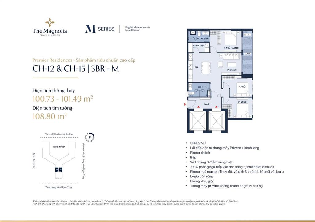 Căn 3pn the magnolia view sông hồng tầng trung thang riêng, logia dài 7m siêu rộng, giá từ 10,8 tỷ