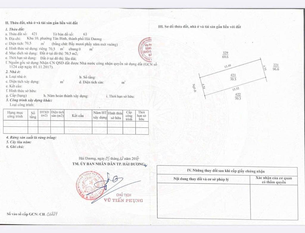 Bán lô đất ngõ 381 Ngô Quyền, phường Tân Bình, TP HD, 70.5m2, mt 4.54m, đường oto, 2.2x tỷ