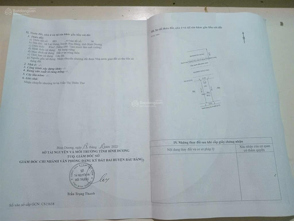 Bán đất thửa đất số 885, tờ bản đồ số 36, địa chỉ xã lai hưng, huyện bàu bàng, tỉnh bình dương