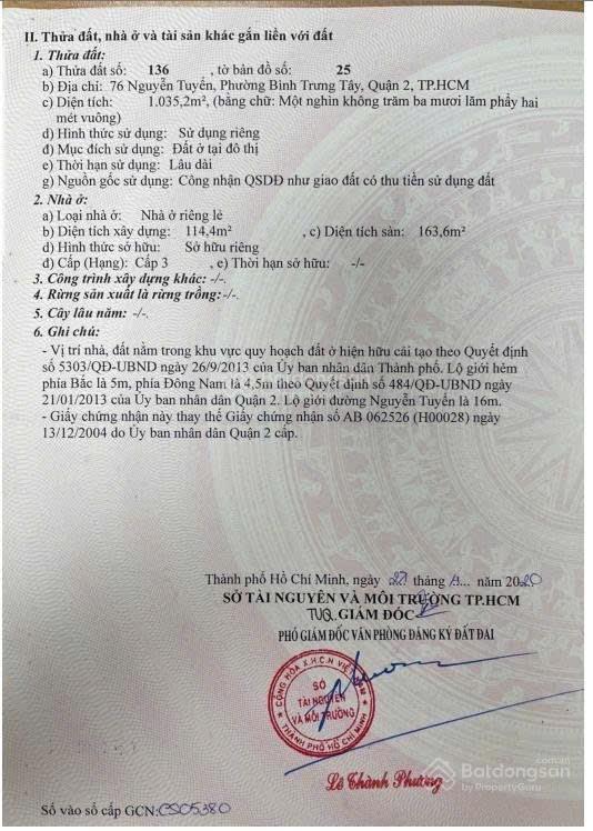Ngân hàng thanh lý bán tài sản mặt tiền đường nguyễn tuyển, p. bình trưng, tp.hcm (quận 2 cũ).