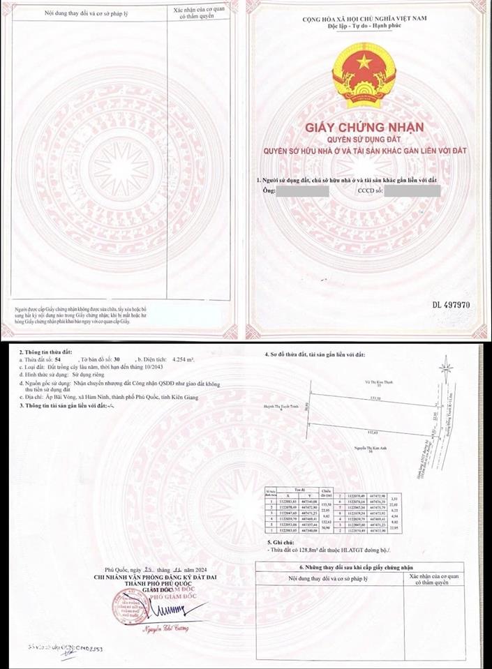 Chính chủ bán đất tại thửa số 54, xã hàm ninh, phú quốc, dt 4254 m2, giá 5.5 trđ/m2 có thương lượng