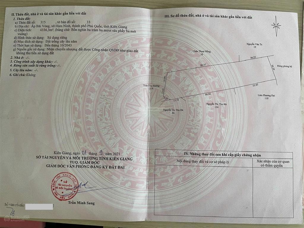 Bán đất chính chủ tại xã hàm ninh, phú quốc, giá ưu đãi 5.5 triệu/m2, có thương lượng, dt 4336 m2