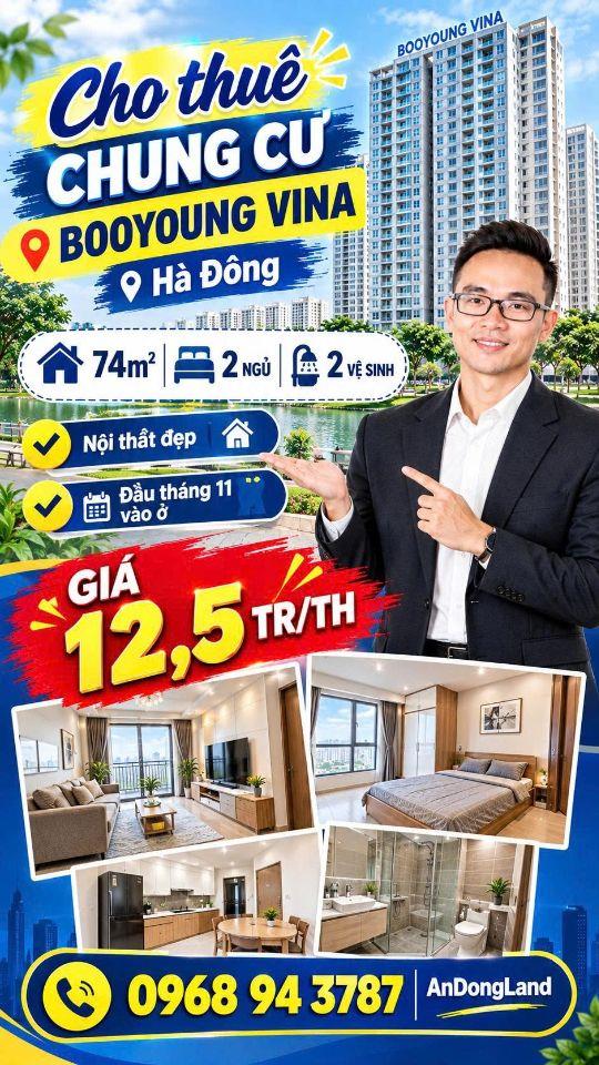 CHO THUÊ CC BOOYOUNG MỖ LAO, 74M2, 2 NGỦ ĐỦ ĐỒ ĐẸP. 12,5TR/TH. 0907 833 787
